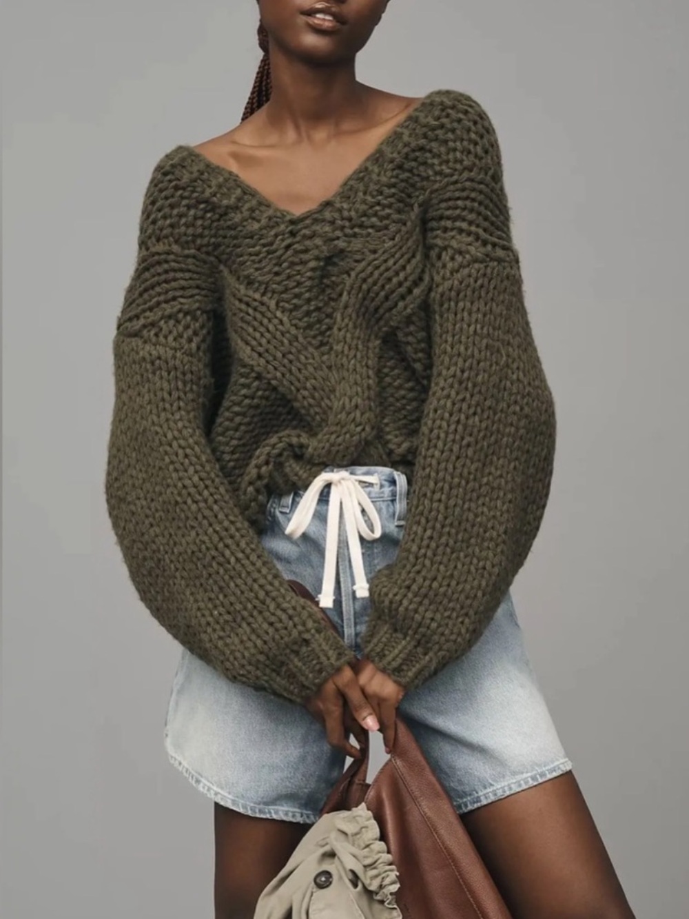 Self Contrast Chunky Knit Sweater Olive Green Size Small NWT